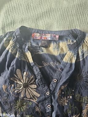 Desigual Navy and Cream Embroidered Button-Front Blouse